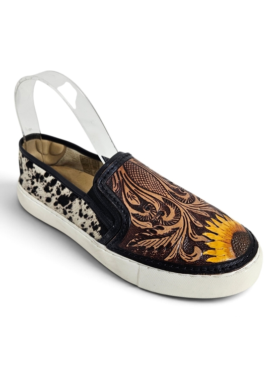 Myra Bag Shoes - Myra Nehard Sneakers 8 Hand Tooled Leather Cowhide Sunflower Western Brown Black